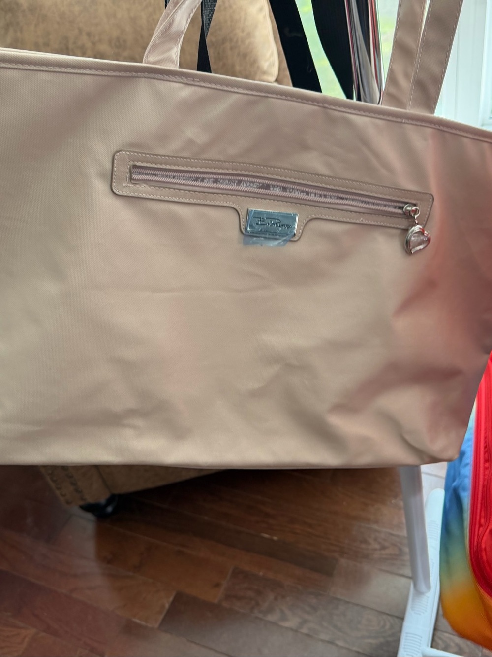 Large Light Cream Tote Bag with Front Zip and Heart Charm Inside Pockets